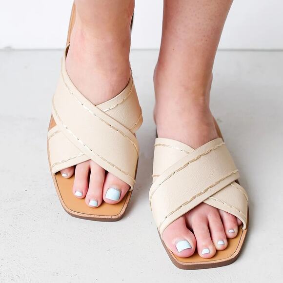 Oasis Society Neutral Cream Vegan Faux Leather Criss Cross Strappy Slide Sandals - Picture 2 of 12
